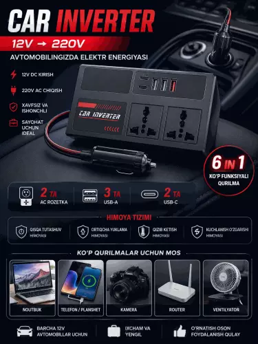 Avtomobil invertori, 4 ta USB portli rozetka, 12 V/24 V dan 220 V gacha konvertor, 1500 Vt
